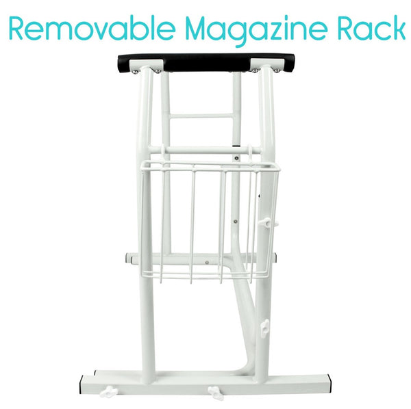 Close Up View Of The Removable Magazine Rack On The Vive Health Stand Alone Toilet Rail