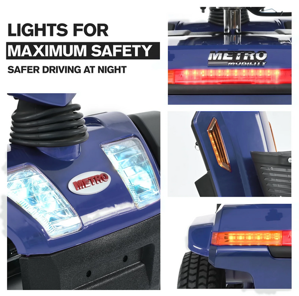 Close Up View Of The Safety Lights For The Metro Mobility S500 4-Wheel Mobility Scooter Shown In Blue Color
