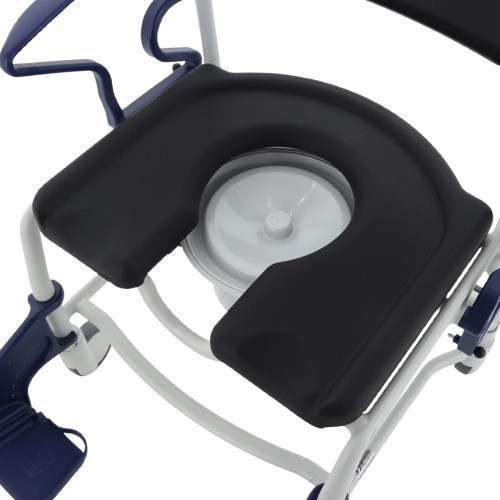 Close Up View Of The Seat And Closed Commode Bucket For The Rebotec Dallas Bariatric Shower Commode Chair