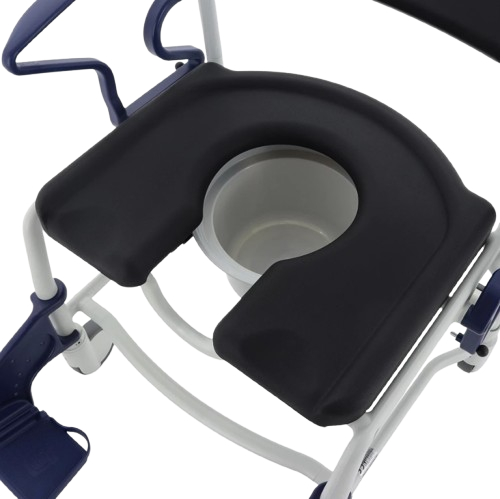 Close Up View Of The Seat And Open Commode Bucket For The Rebotec Dallas Bariatric Shower Commode Chair