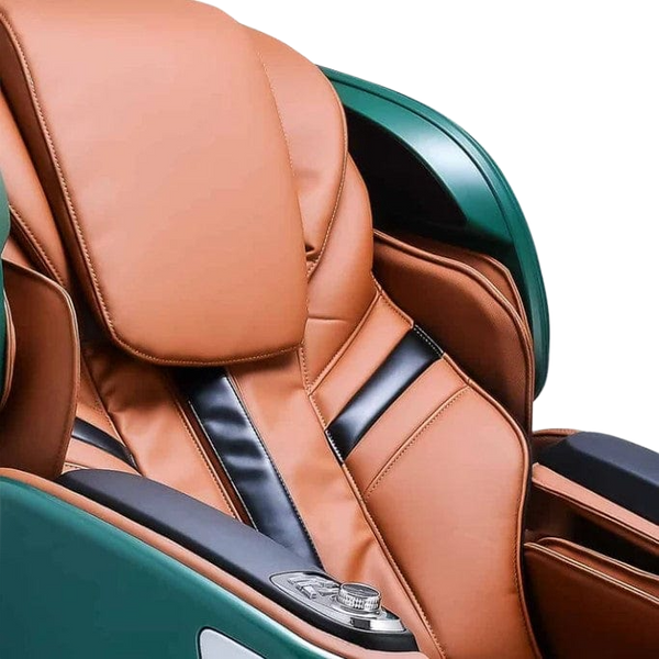 Close Up View Of The Seat Back And Armrest Controls Of The Ogawa Master Drive AI 2.0 Massage Chair | OG-8801 Shown In The Upright Chair Position In The Emerald And Cappuccino Color