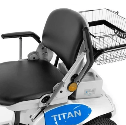 Close Up View Of The Seat For The Tzora Titan 4 Hummer Medical Mobility Scooter Shown In Blue Color