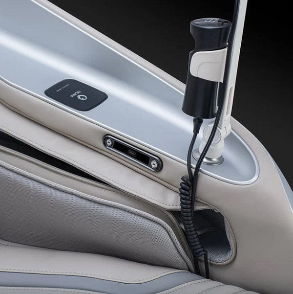 Close Up View Of The Side Arm USB C Port For The Ogawa Master Drive DUO Massage Chair | OG-8900 Shown In The Platinum And Platinum Color
