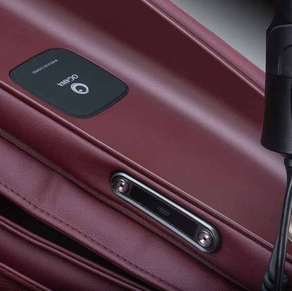 Close Up View Of The Side Arm USB C Port For The Ogawa Master Drive DUO Massage Chair | OG-8900 Shown In The Black And Burgundy Color