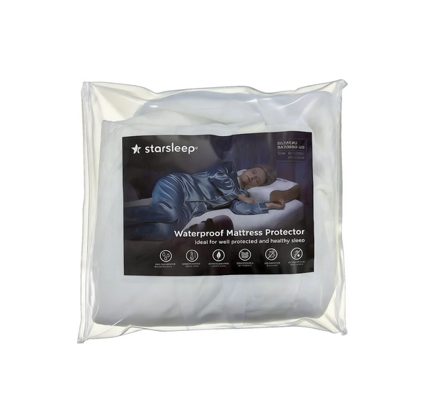 Vista de cerca del protector de colchón impermeable para la cama giratoria StarSleep Arlo dentro de su empaque