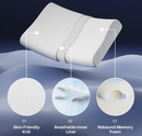 Close Up View Of The StarSleep Premium Memory Foam Pillow Highlighting Its Materials Including Skin Friendly Knit Breathable Inner Liner And Rebound Memory Foam On A Blue Background