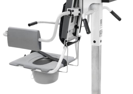 Close Up View Of The TR Equipment Mobile Bath Combi Lift TR-9650 Seat And Commode Pan