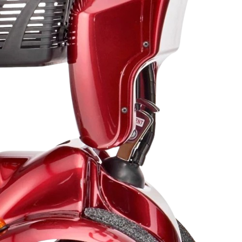 Close Up View Of The Tiller Adjustment Connection Between The Tiller And The Base Of The FreeRiderUSA FR 510F II Mobility Scooter