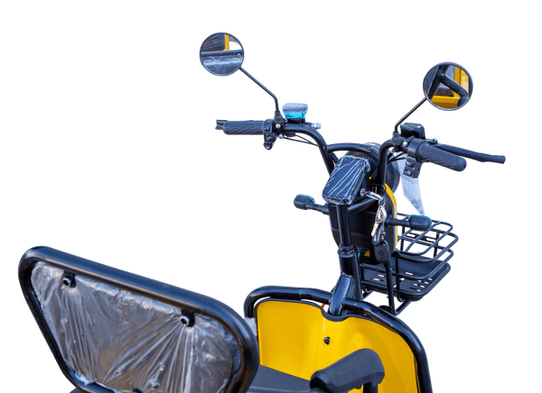 Close Up View Of The Tiller And Controls For The Pushpak Motors- Pushpak 3000 Two-Person Electric Scooter Shown In Yellow Color