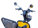 Close Up View Of The Tiller And Controls For The Pushpak Motors- Pushpak 3000 Two-Person Electric Scooter Shown In Yellow Color