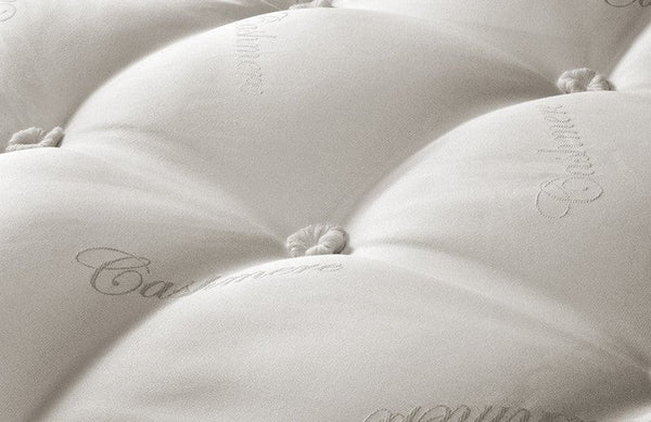Close Up View Of The Top Of The Eurolux Prive: The 10-Layer Luxury Mattress Crafted By Masters Highlighting The Cashmere Writing And Quality Of The Mattress