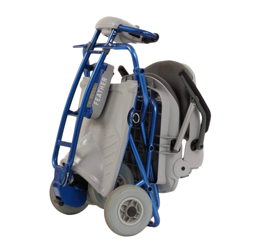 Close Up View Of The Tzora Feather Ultra Lightweight Mobility Scooter Shown In The Blue Color In The Folded Position