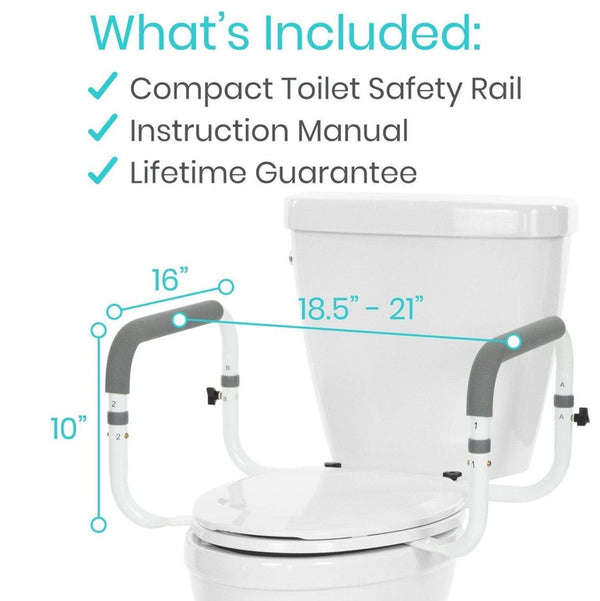 Close Up View Of The Vive Health Compact Toilet Rail Attached To A Toilet Bowl Highlighting What's Included