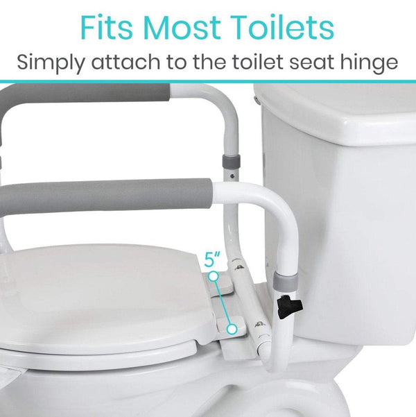 Close Up View Of The Vive Health Compact Toilet Rail Demonstrating That It Fits Most Toilets