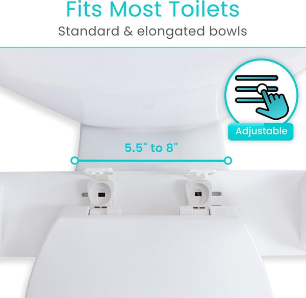 Close Up View Of The Vive Health Rise Up Toilet Rail Showing The Installation Area With Text 'Fits Most Toilets' And 'Standard & Elongated Bowls'.