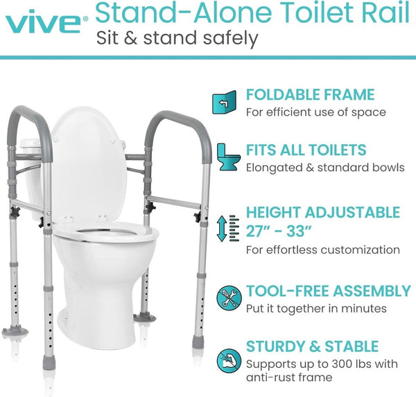 Close Up View Of The Vive Health Toilet Safety Frame With Handles With Text Highlighting Its Key Features