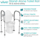 Close Up View Of The Vive Health Toilet Safety Frame With Handles With Text Highlighting Its Key Features