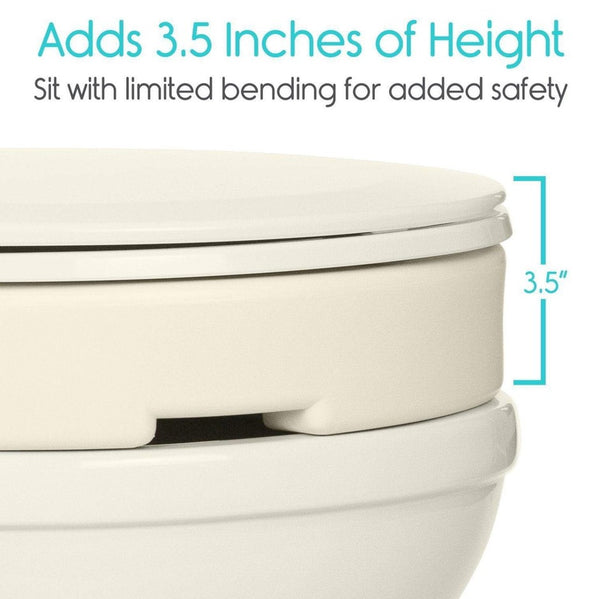 Close Up View Of The Vive Health Toilet Seat Riser With Text 'Adds 3.5 Inches Of Height' And 'Sit With Limited Bending For Added Safety'