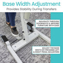 Close Up View Of The Width Adjustment Controls For The Vive Health Hydraulic Patient Lift With Sling With Text 'Base Width Adjustment' And 'Provides Stability During Transfers'
