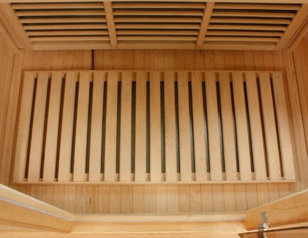 Close Up View Of The Wooden Bench For The Maxxus Seattle 2-Person Near Zero EMF FAR Infrared Indoor Sauna | MX-J206-01-ZF