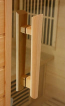 Close Up View Of The Wooden Handle For The Maxxus Bellevue 3-Person Near Zero EMF FAR Infrared Indoor Sauna | MX-J306-01-ZF