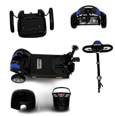 Collage Of ComfyGo Z4 Mobility Scooter Shown In Blue Color With Various Parts
