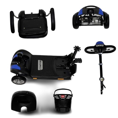 Collage Of ComfyGo Z4 Mobility Scooter Shown In Blue Color With Various Parts 