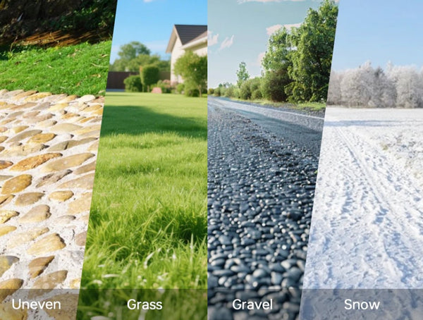Collage Of Different Types Of Surfaces Including Uneven, Grass, Gravel, And Snow Which The Paiseec S3 Mobility Scooter Can Travel On 