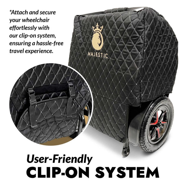ComfyGo IQ 7000 Electric Wheelchair Black Quilted Cover With Majestic Branding And Text About User-Friendly Clip-On System 