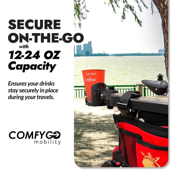 ComfyGo IQ 8000 Electric Wheelchair With A Cup Holder, Featuring Text About Secure On-The-Go Capacity 