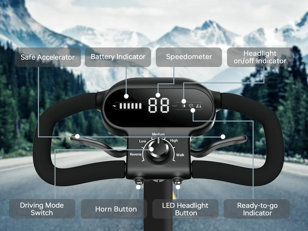 Control Panel Of The Paiseec S3 Mobility Scooter With Digital Display And Various Buttons Against A Mountainous Background 