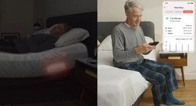 Dawn House Smart Bed Side View Elderly Man Using Mobile Health Sensor App
