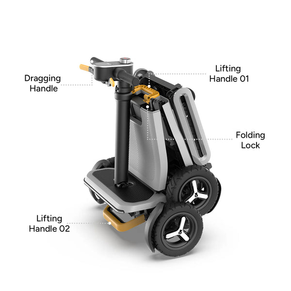 Diagram Of The Paiseec L5 Mobility Scooter In Silver Color Shown In The Folded Position With Labeled Parts On A White Background