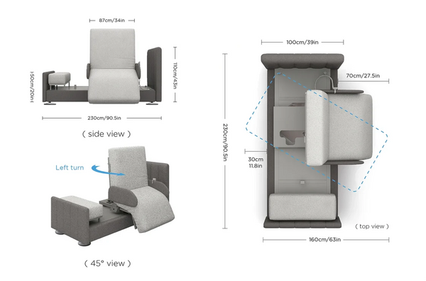Different Views Of The StarSleep Arlo Rotating Bed Shown With Dimensions Listed