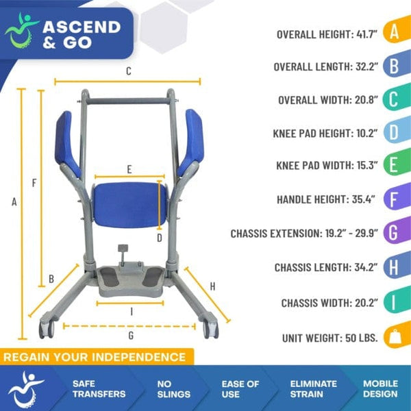Drawing Highlighting The Dimensions Of The Ascend & Go Sit to Stand Patient Lift