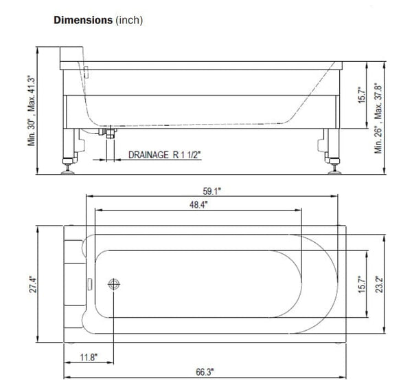 Drawing Of The Dimensions Of The TR Equipment Bathtub Comfortline Bath System