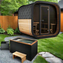 Dynamic Cuboid Cold Plunge Tub With Chiller And A Sauna In The Background Shown In An Outdoor Setting