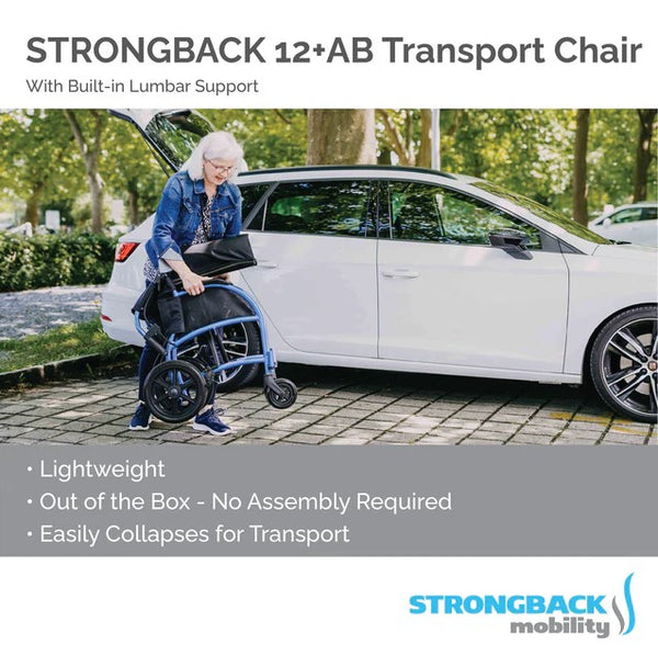 Elderly Woman Folding The Strongback 12 +AB Lightweight Transport Chair In An Outdoor Setting Demonstrating Its Lightweight Frame