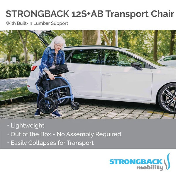 Elderly Woman Folding The Strongback Excursion 12S +AB Lightweight Transport Chair Demonstrating Its Lightweight Frame