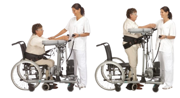 Elderly Woman Sitting In A Wheelchair Is Assisted From The Seated Position To A Standing Position By A Healthcare Worker Using The TR Equipment Gate Bure Rise & Go