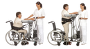 Elderly Woman Sitting In A Wheelchair Is Assisted From The Seated Position To A Standing Position By A Healthcare Worker Using The TR Equipment Gate Bure Rise & Go