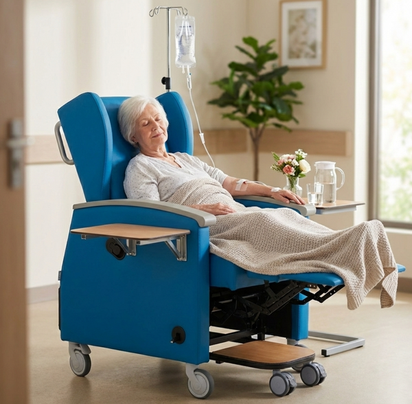Elderly Woman With An IV In Her Arm Resting In The Nitrocare Aura 911 Chemotherapy Recliner Chair Shown In The Reclined Position In A Medical Setting