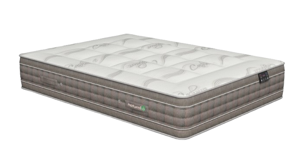 Eurolux Quietud: The 9-Layer Luxury Mattress Crafted By Masters Shown At An Angle, Featuring A Quilted White Top With Subtle Gray Floral Patterns And A Gray Side Bolster
