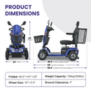 Front And Left Side View Of The Metro Mobility S500 4-Wheel Mobility Scooter Shown In Blue Color With Dimensions Listed