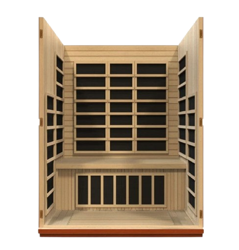 Front Centered Interior View Of The Dynamic Bellagio 3-Person Low EMF FAR Infrared Indoor Sauna | DYN-6306-02