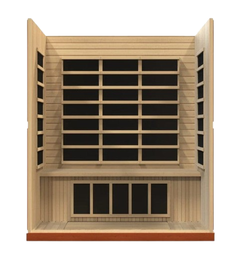 Front Centered Interior View Of The Dynamic Bergamo 4-Person Low EMF FAR Infrared Indoor Sauna | DYN-6440-01