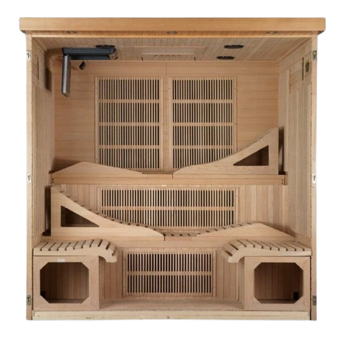 Front Centered Interior View Of The Dynamic Monaco 6-Person Ultra Low EMF FAR Infrared Indoor Sauna | DYN-6996-01 Elite