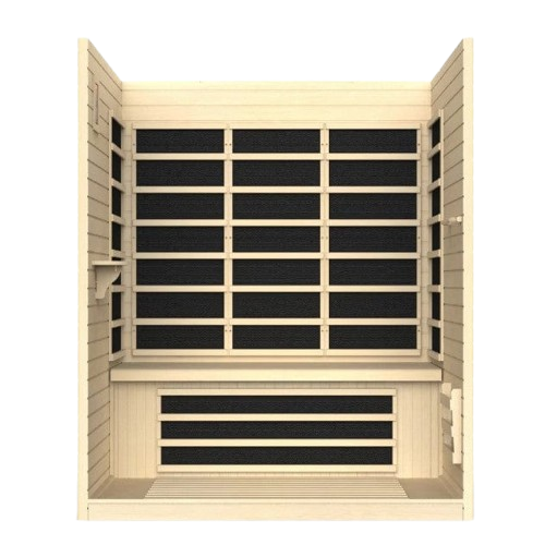 Front Centered Interior View Of The Dynamic Vila 3-Person Ultra Low EMF FAR Infrared Indoor Sauna | DYN-6315-02