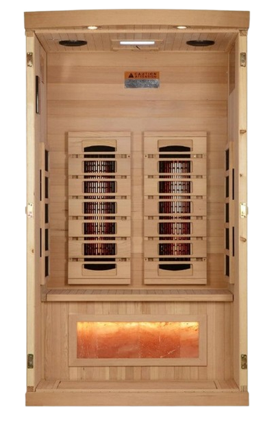 Front Centered Interior View Of The Golden Designs Reserve Edition 1 Person Full Spectrum EMF Indoor Sauna With Himalayan Salt Bar | GDI-8010-03 