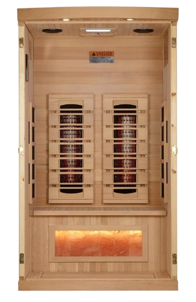 Front Centered Interior View Of The Golden Designs Reserve Edition 1 Person Full Spectrum EMF Indoor Sauna With Himalayan Salt Bar | GDI-8010-03 